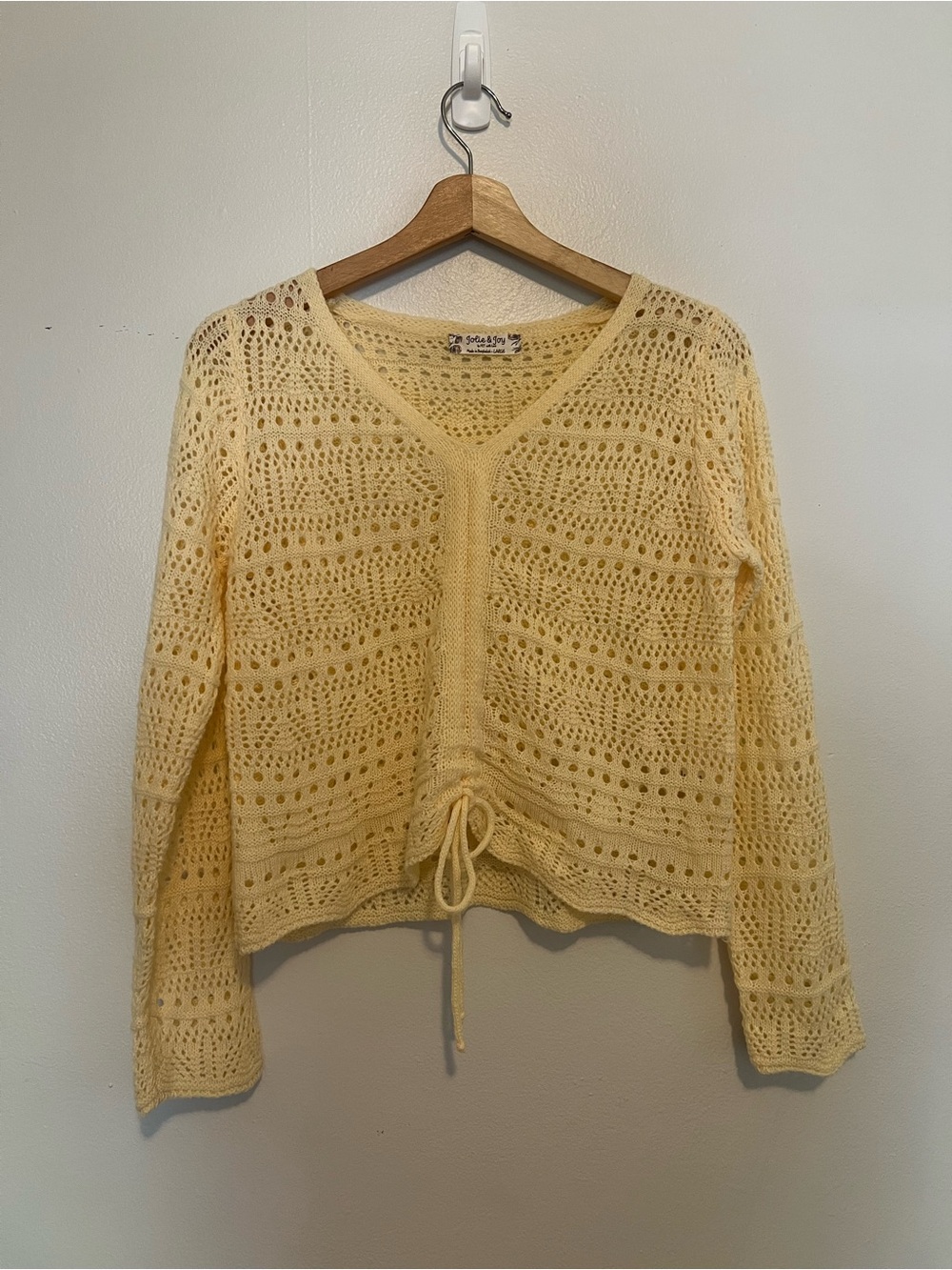 Drawstring Crochet V-Neck Sweater - Pale Yellow :)
